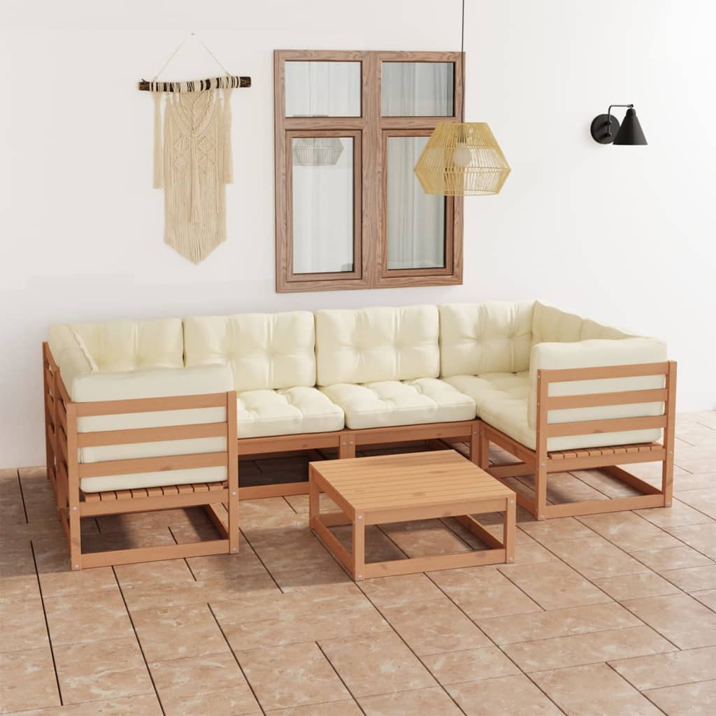 7 Piece Garden Lounge Set&Cushions Honey Brown Solid Pinewood