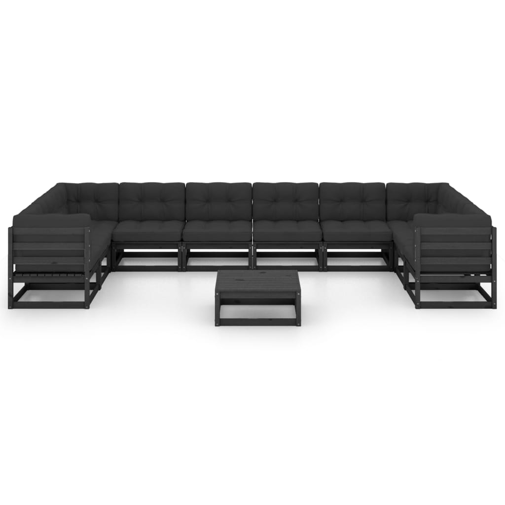 11 Piece Garden Lounge Set with Cushions Black Solid Pinewood
