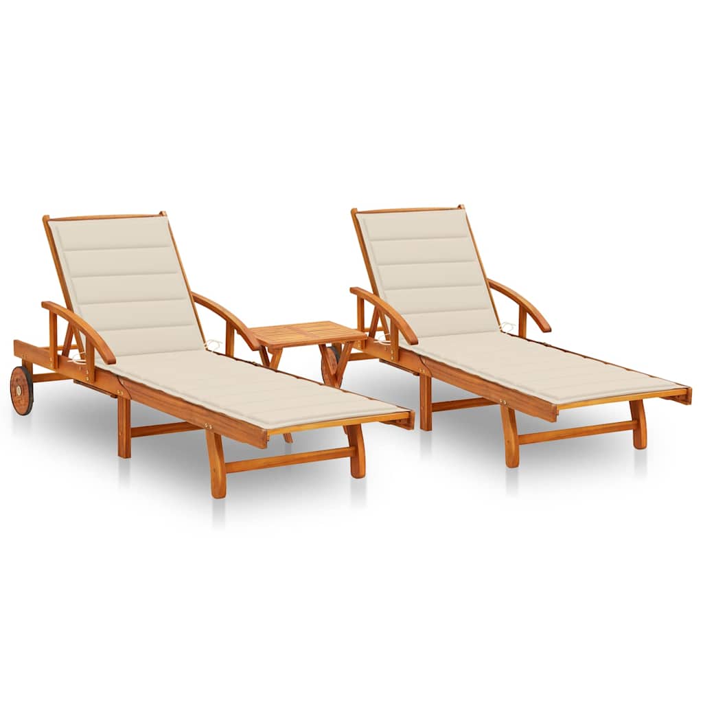 Sun Loungers 2 pcs with Table and Cushions Solid Acacia Wood