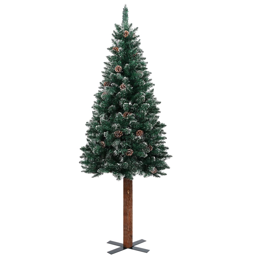 Slim Pre-lit Christmas Tree with Real Wood&White Snow Green 210 cm