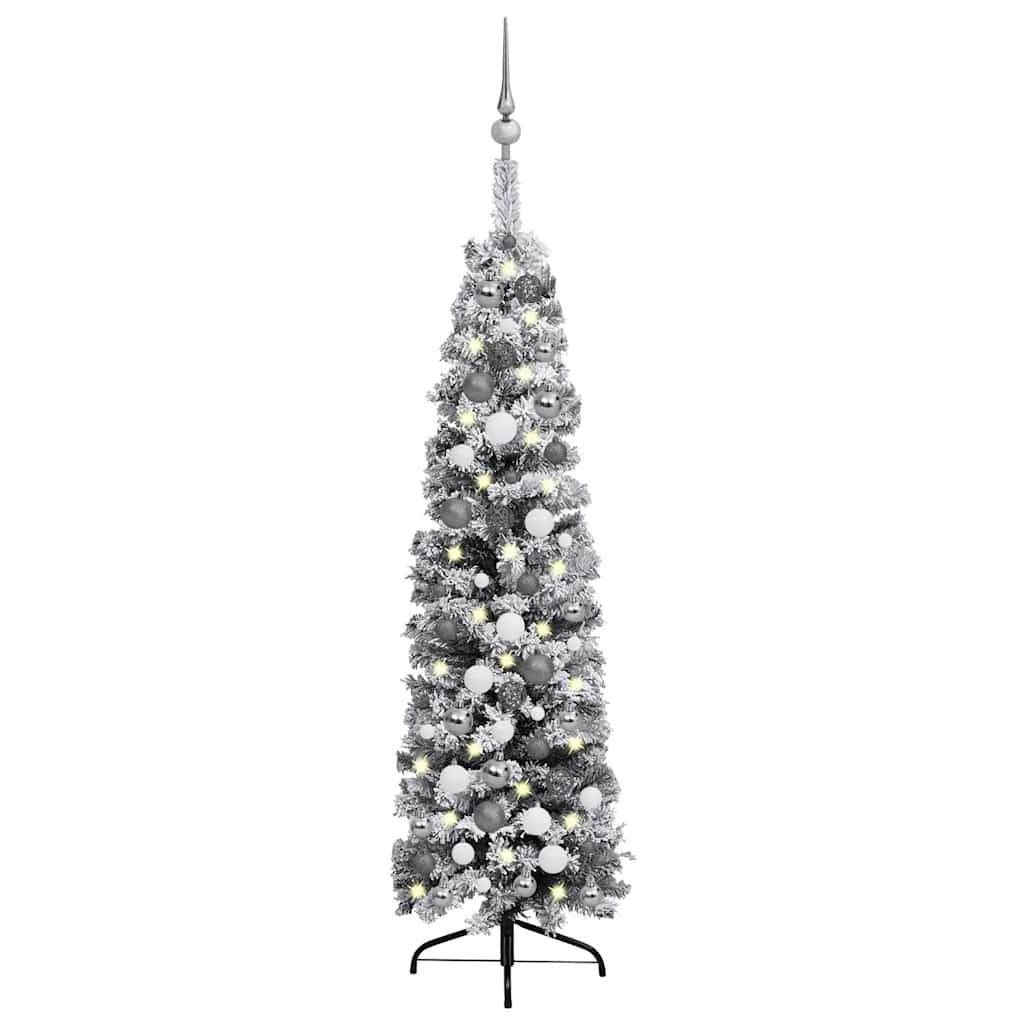 Slim Pre-lit Christmas Tree with Ball Set&Flocked Snow Green 120 cm
