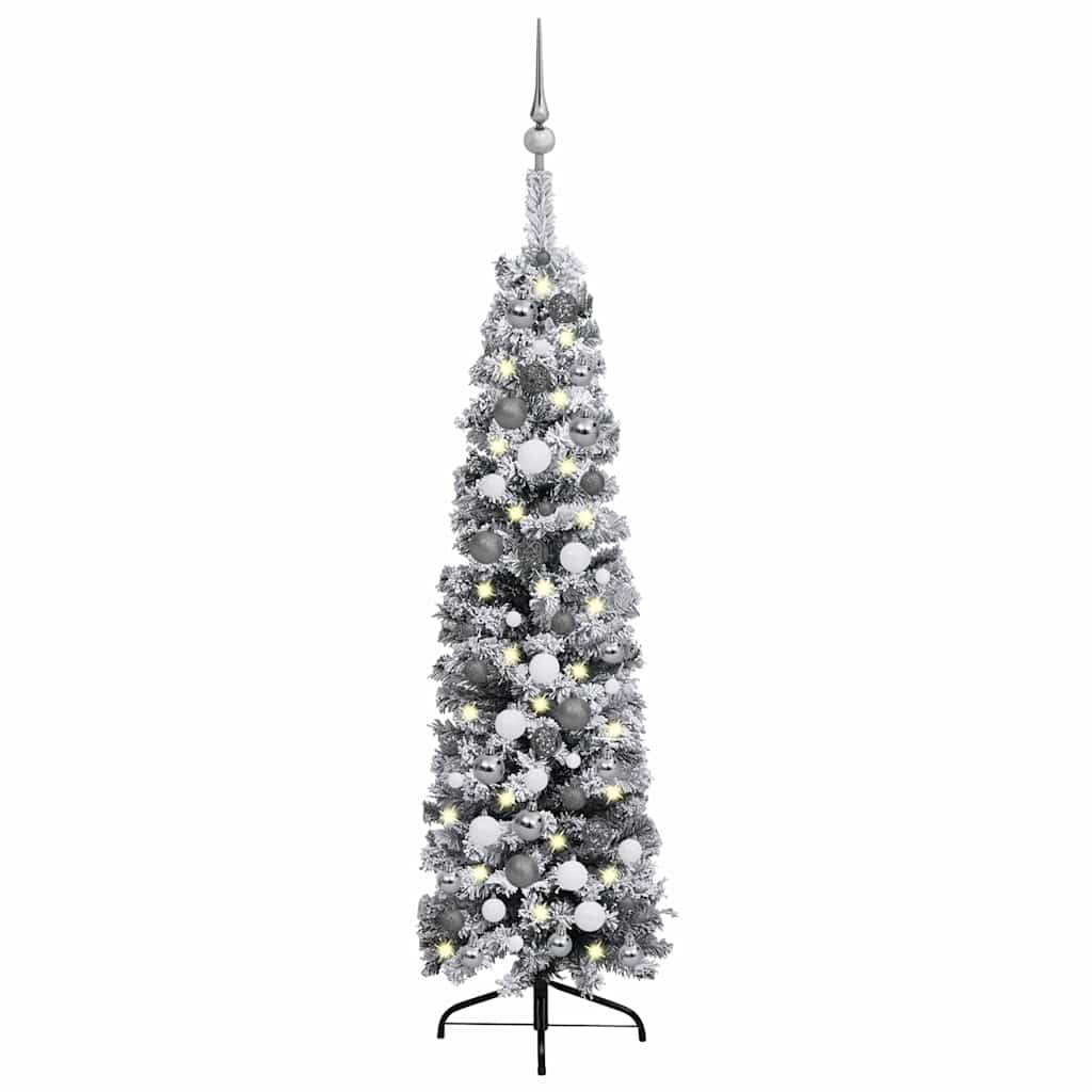 Slim Pre-lit Christmas Tree with Ball Set&Flocked Snow Green 120 cm
