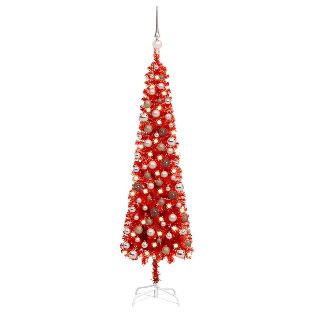 Slim Pre-lit Christmas Tree with Ball Set Red 120 cm