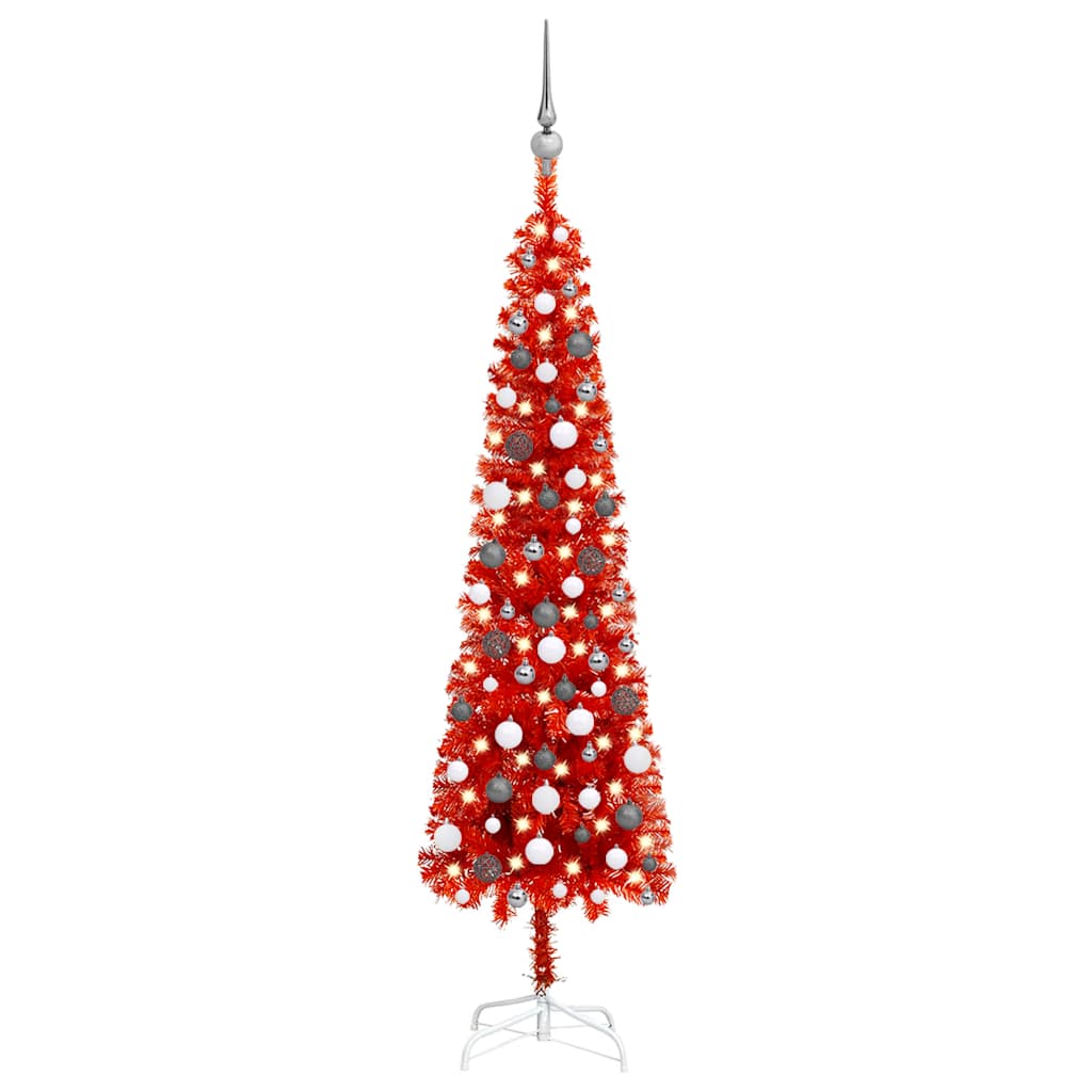 Slim Pre-lit Christmas Tree with Ball Set Red 180 cm