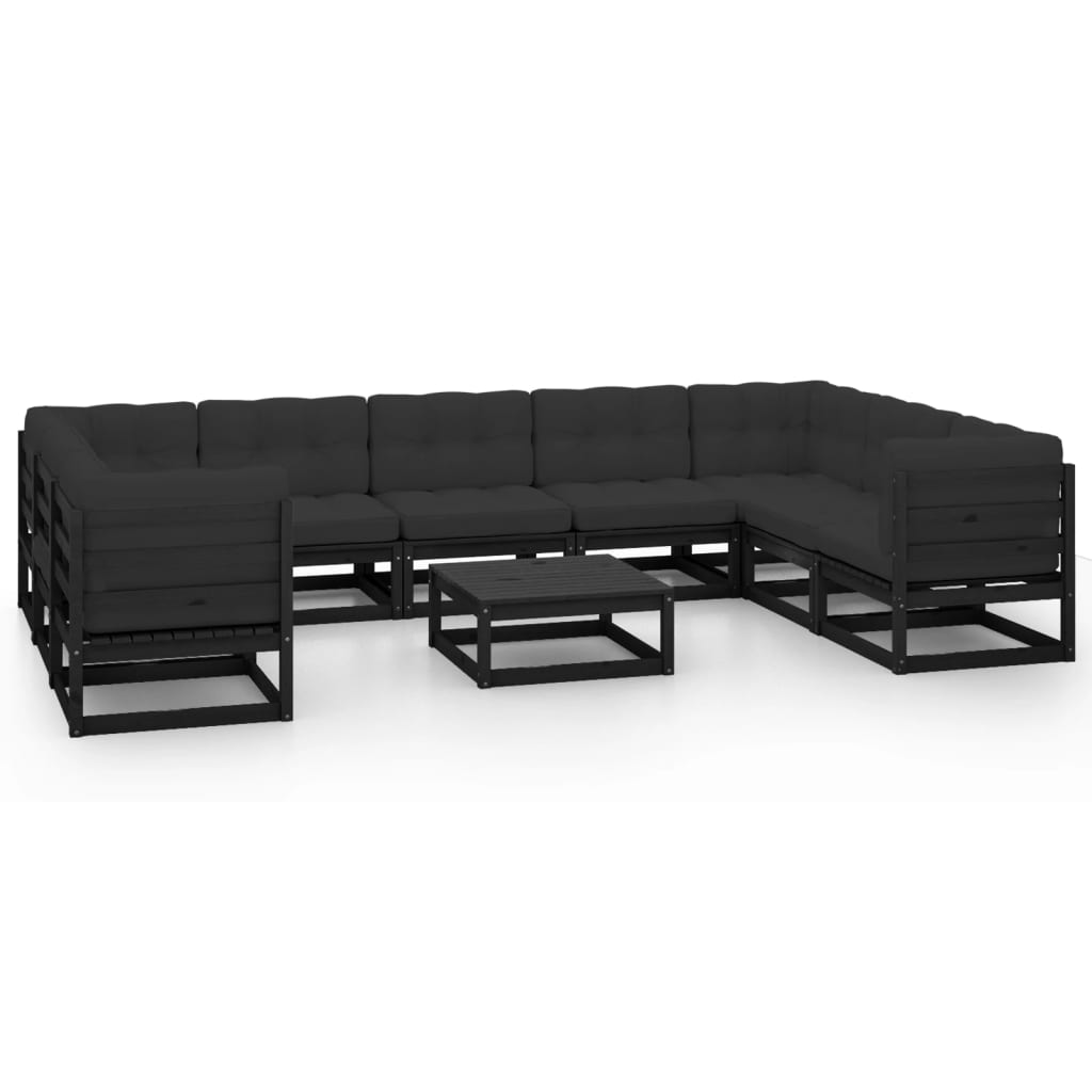 10 Piece Garden Lounge Set with Cushions Black Solid Pinewood
