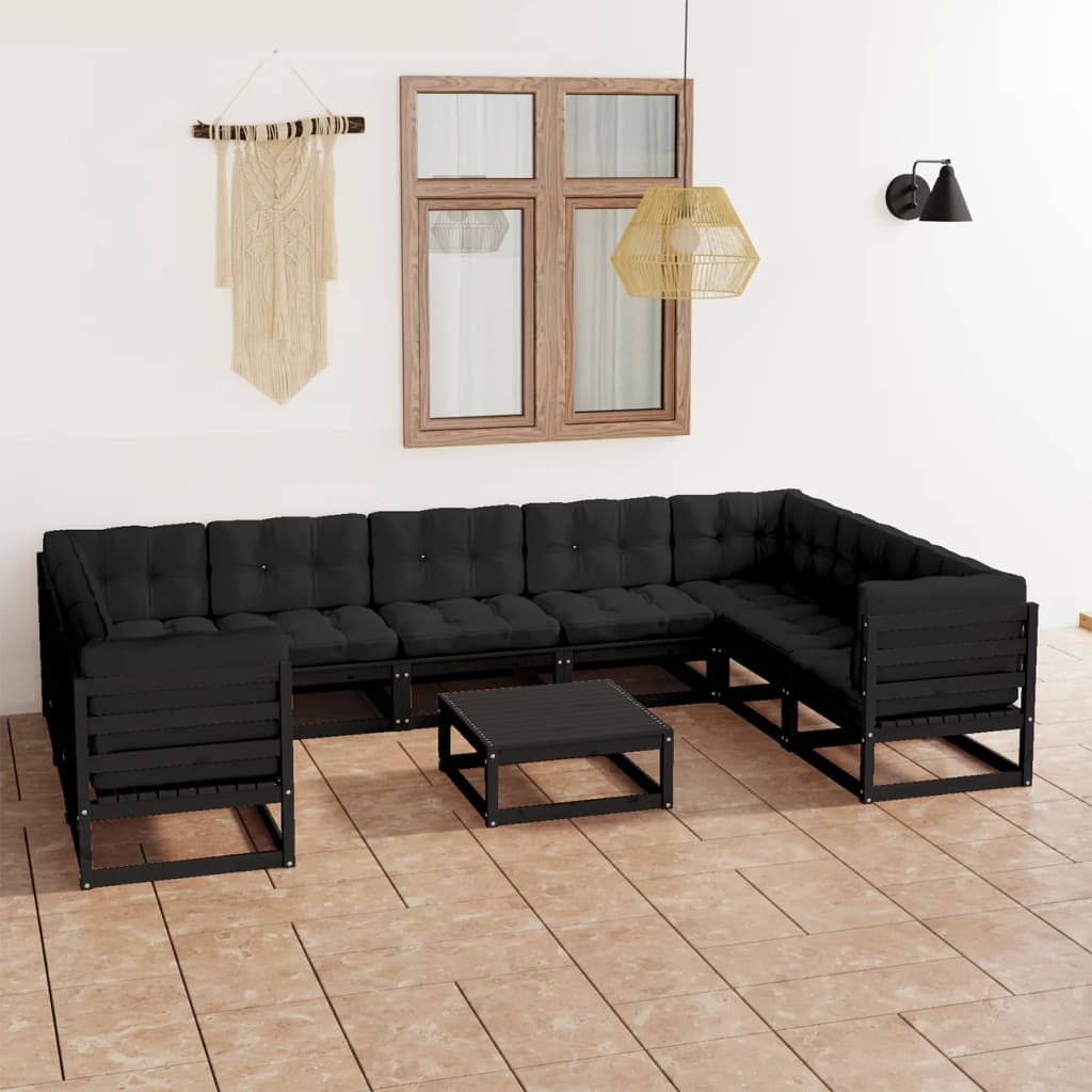 10 Piece Garden Lounge Set with Cushions Black Solid Pinewood