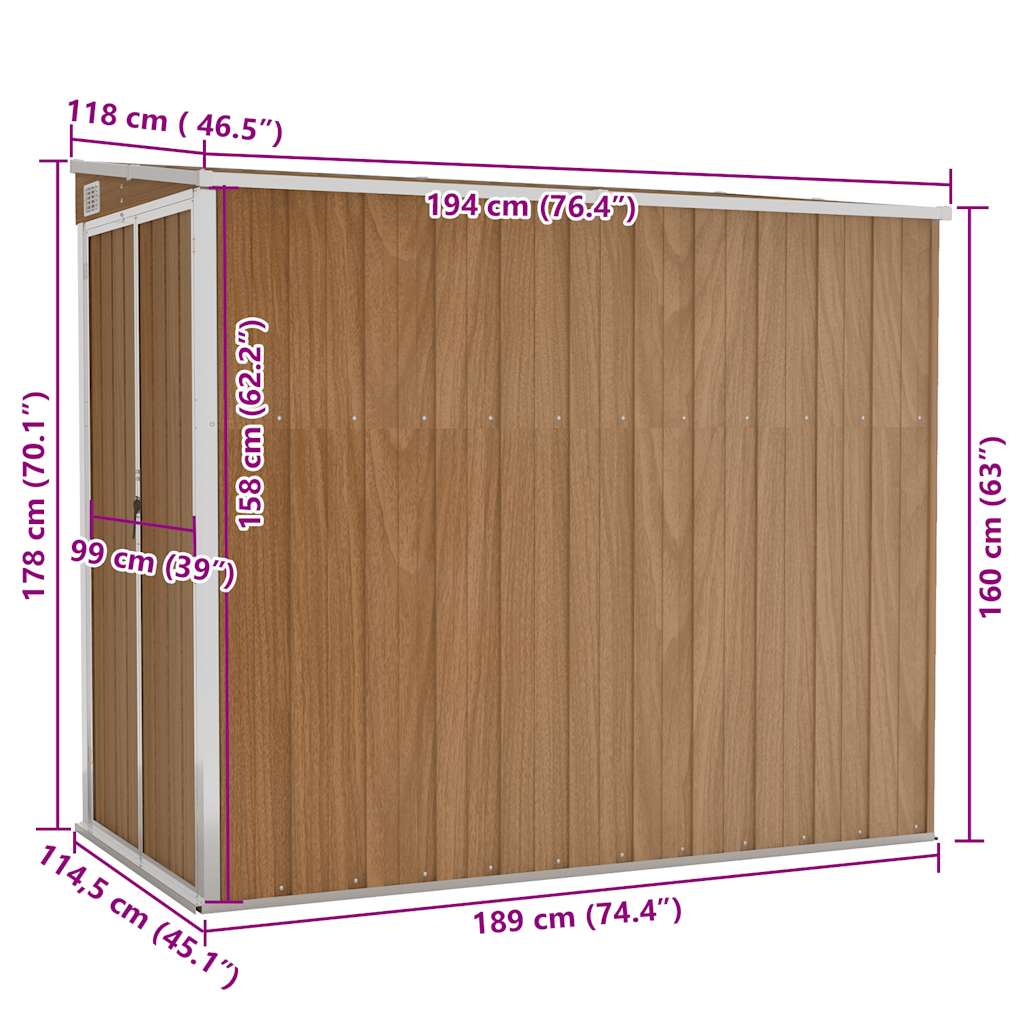 Wall-mounted Garden Shed Brown 118x194x178 cm Galvanised Steel