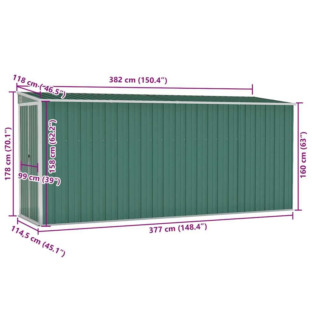 Wall-mounted Garden Shed Green 118x382x178 cm Galvanised Steel