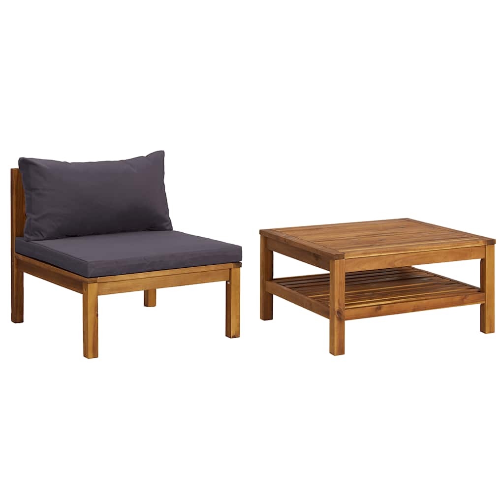 2 Piece Garden Sofa Set with Dark Grey Cushions Acacia Wood