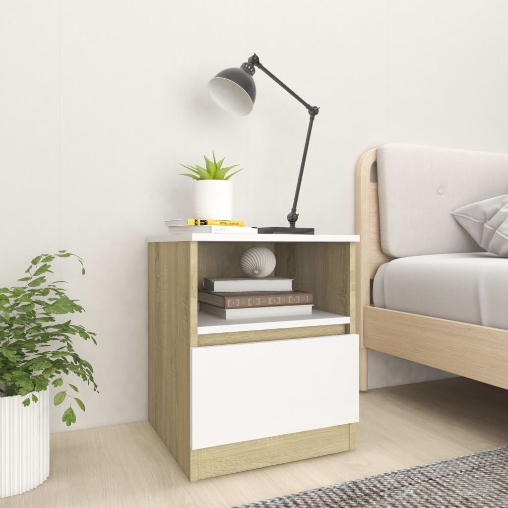 Bed Cabinet White and Sonoma Oak 40x40x50 cm Engineered Wood