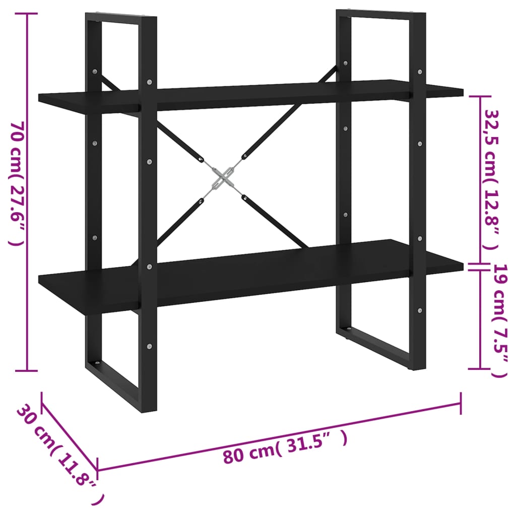 2-Tier Book Cabinet Black 80x30x70 cm Engineered Wood
