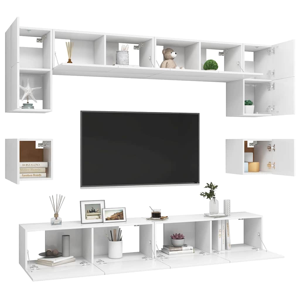 8 Piece TV Cabinet Set White Engineered Wood