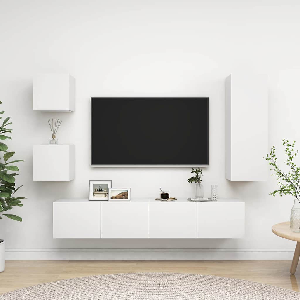 5 Piece TV Cabinet Set White Engineered Wood
