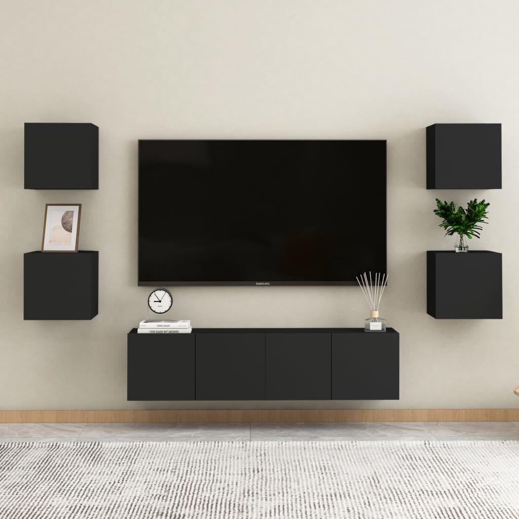 6 Piece TV Cabinet Set Black Engineered Wood