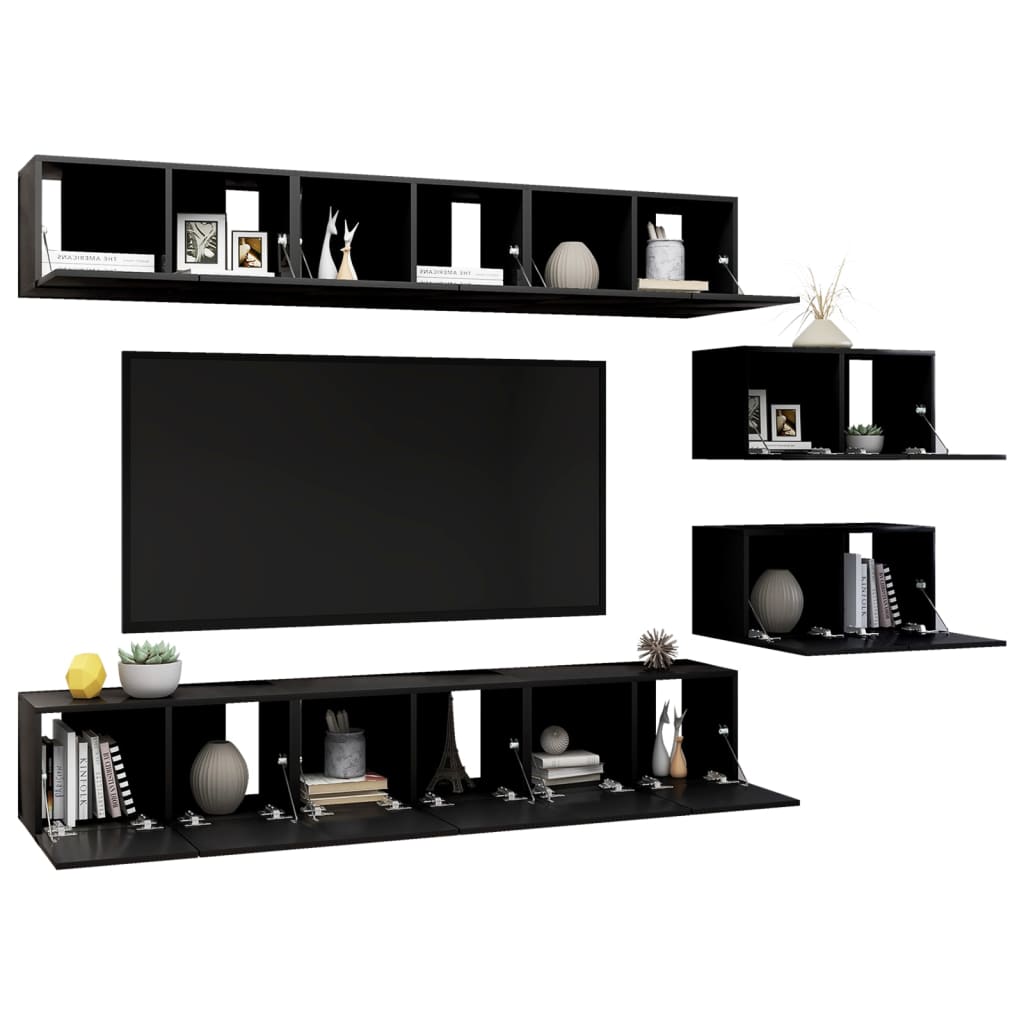8 Piece Wall-mounted TV Cabinet Set Black Engineered Wood