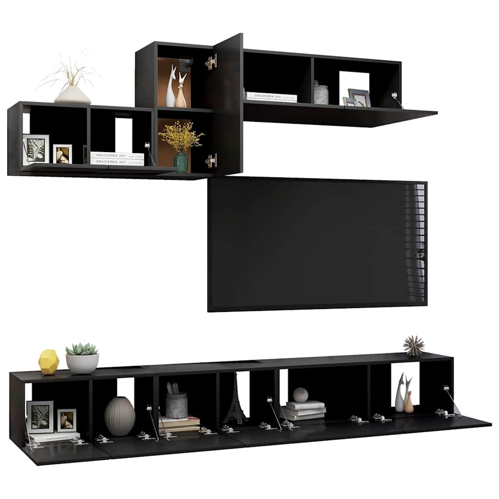 6 Piece TV Cabinet Set Black Engineered Wood