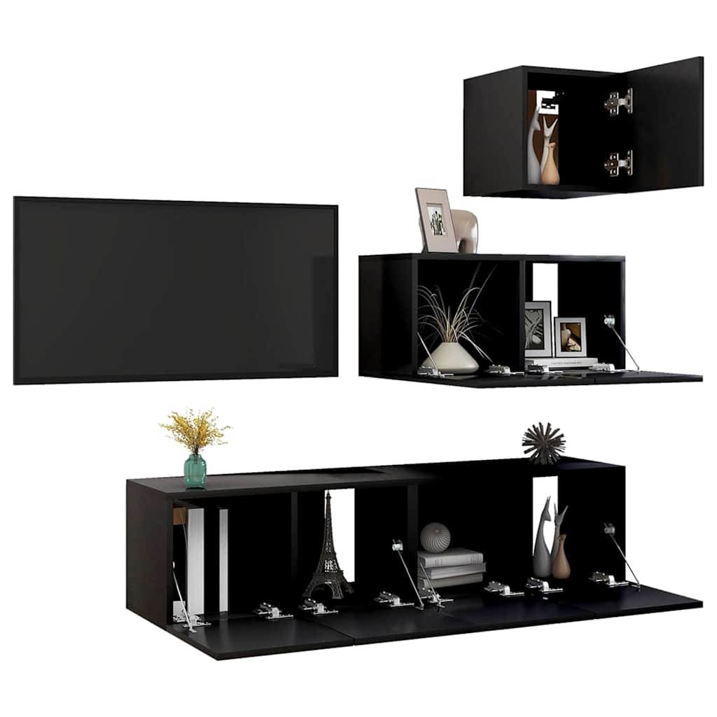 4 Piece TV Cabinet Set Black Engineered Wood