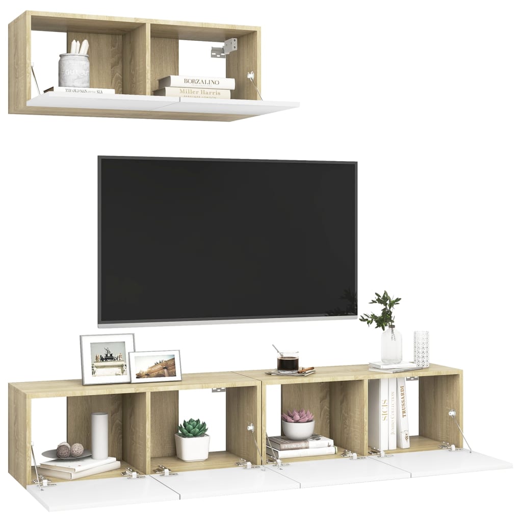 3 Piece TV Cabinet Set White and Sonoma Oak Engineered Wood