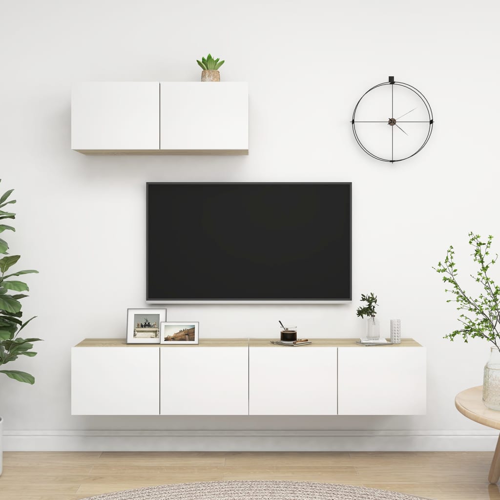 3 Piece TV Cabinet Set White and Sonoma Oak Engineered Wood
