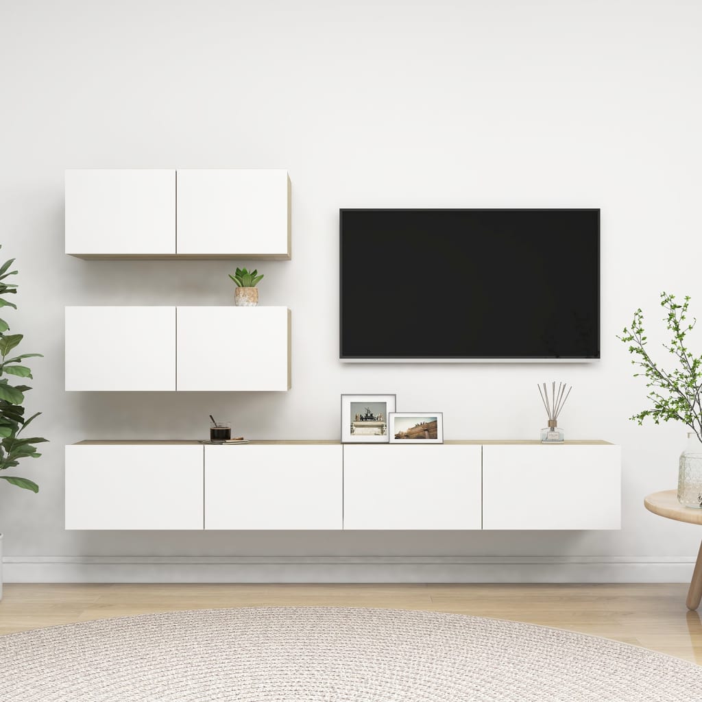 4 Piece TV Cabinet Set White and Sonoma Oak Engineered Wood