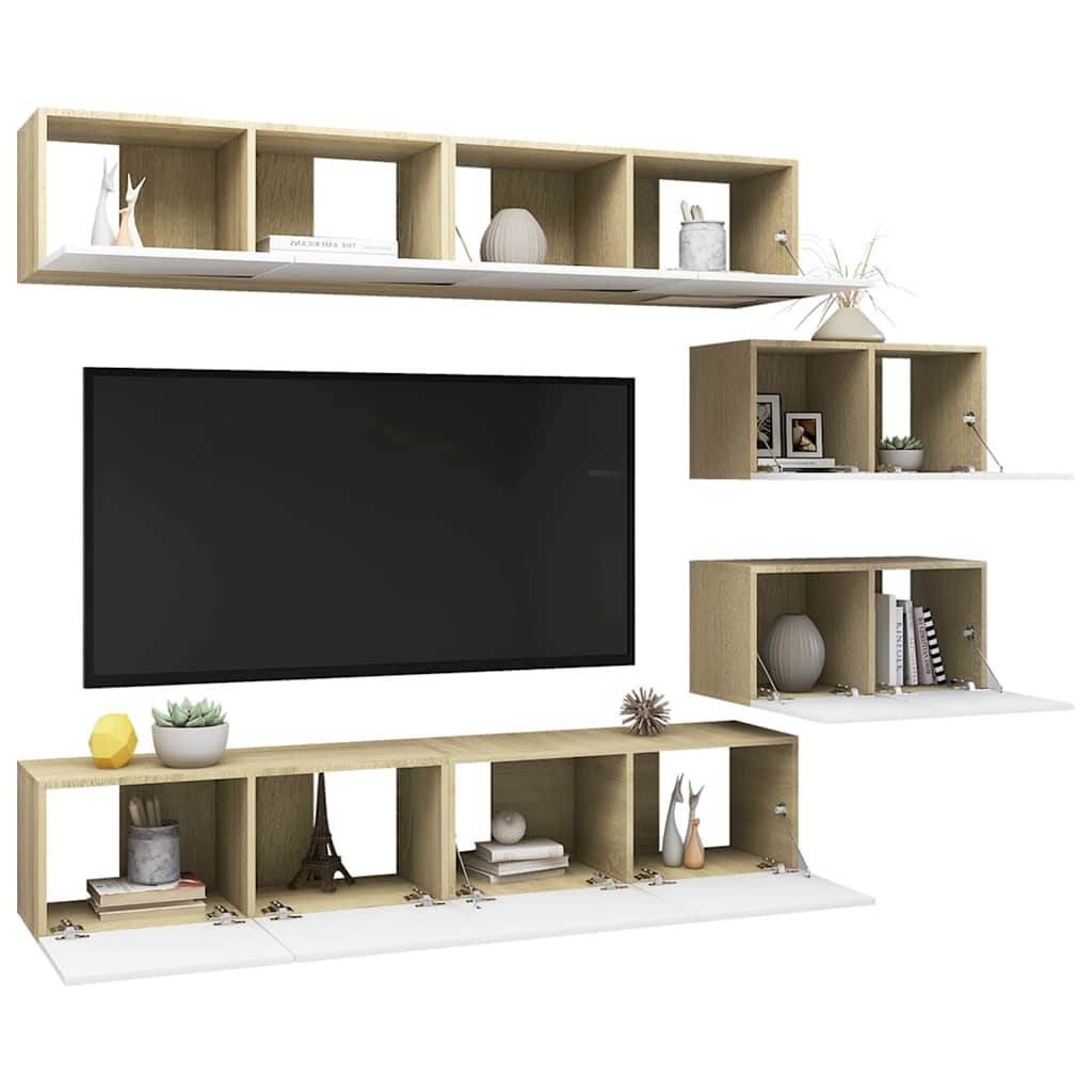 6 Piece TV Cabinet Set White and Sonoma Oak Engineered Wood