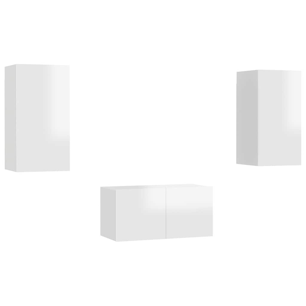 3 Piece TV Cabinet Set High Gloss White Engineered Wood