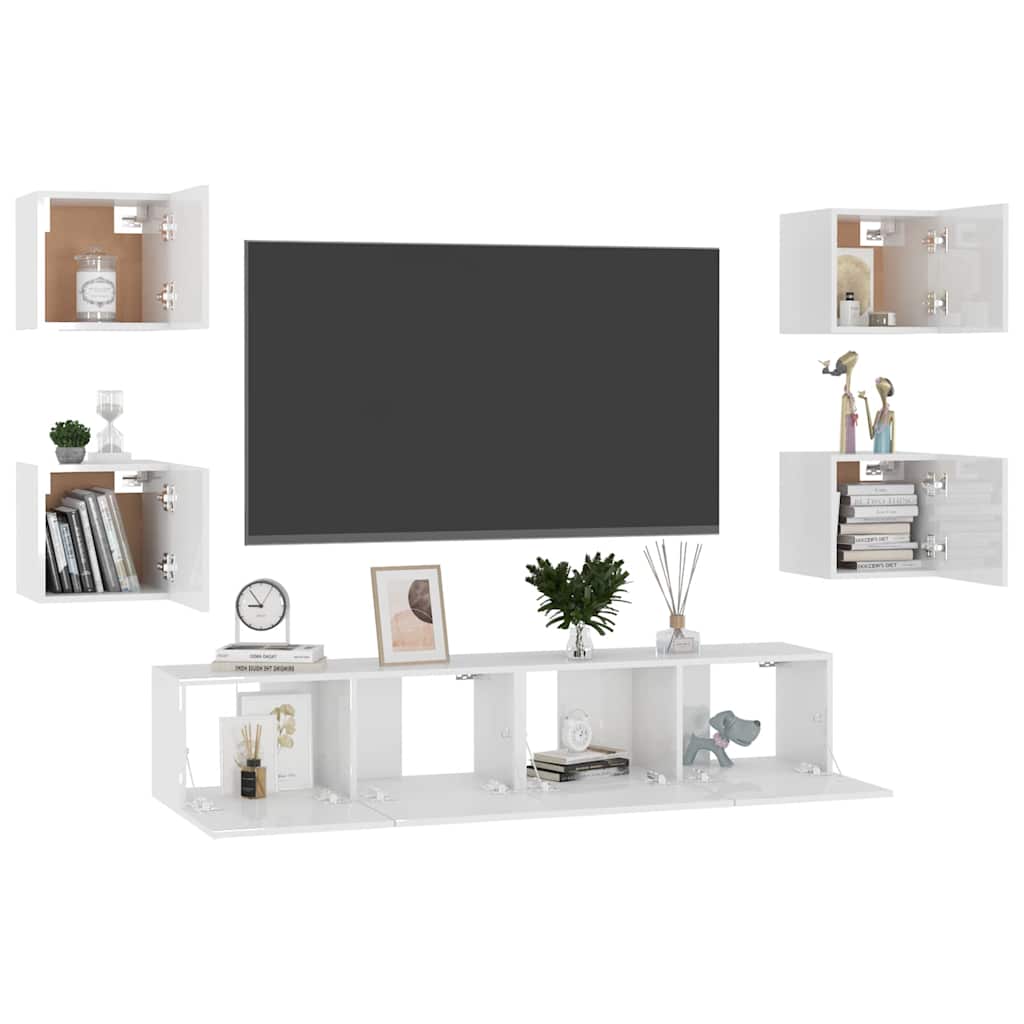 6 Piece TV Cabinet Set High Gloss White Engineered Wood