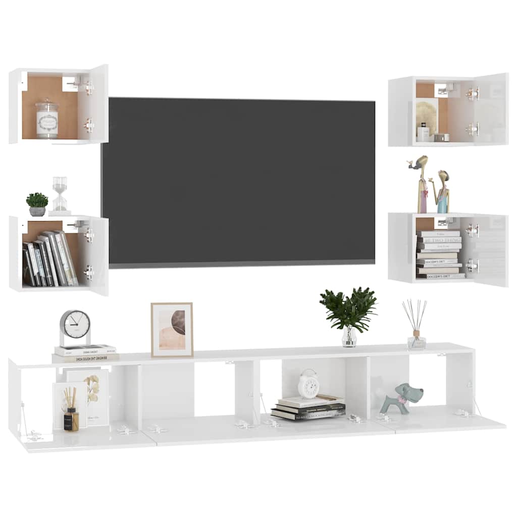 6 Piece TV Cabinet Set High Gloss White Engineered Wood