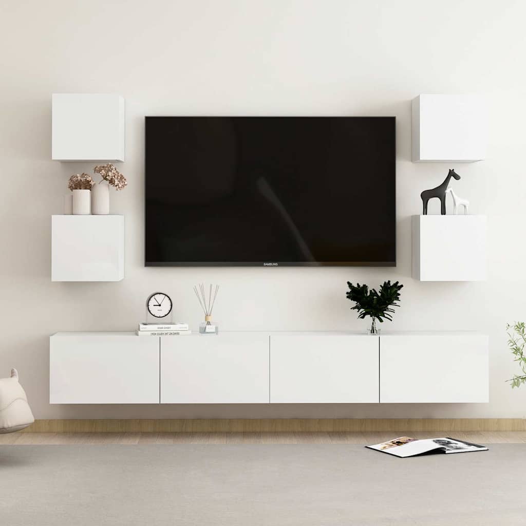 6 Piece TV Cabinet Set High Gloss White Engineered Wood