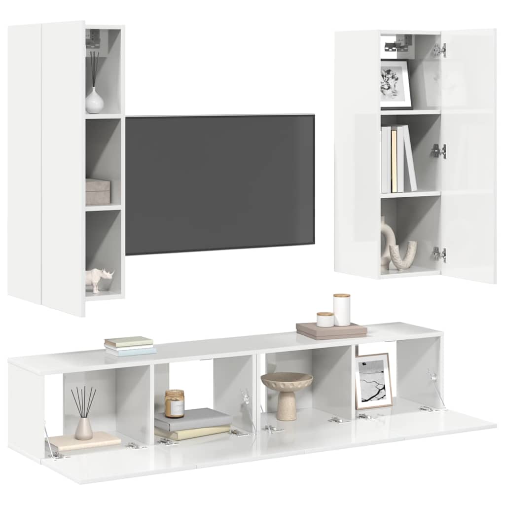 4 Piece TV Cabinet Set High Gloss White Engineered Wood