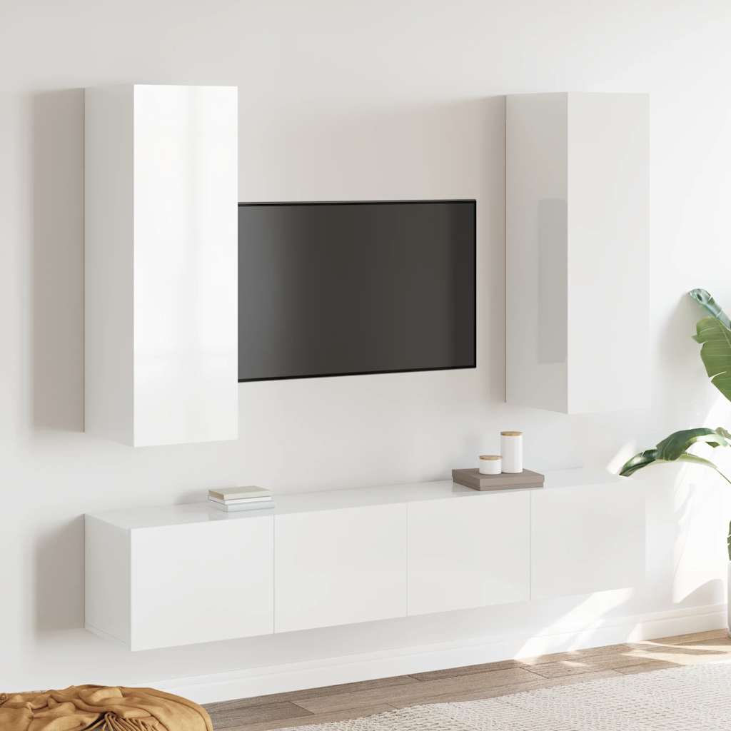 4 Piece TV Cabinet Set High Gloss White Engineered Wood