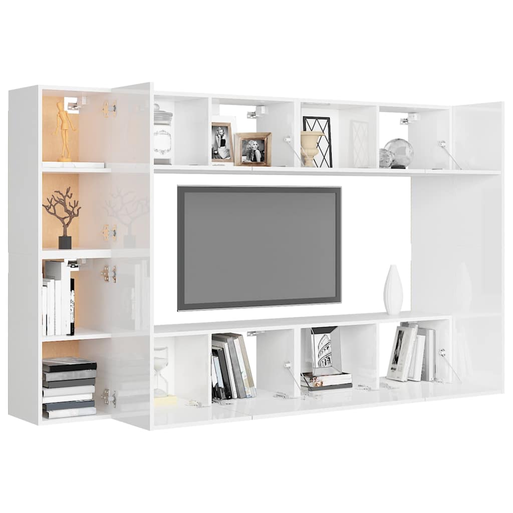 8 Piece TV Cabinet Set High Gloss White Engineered Wood