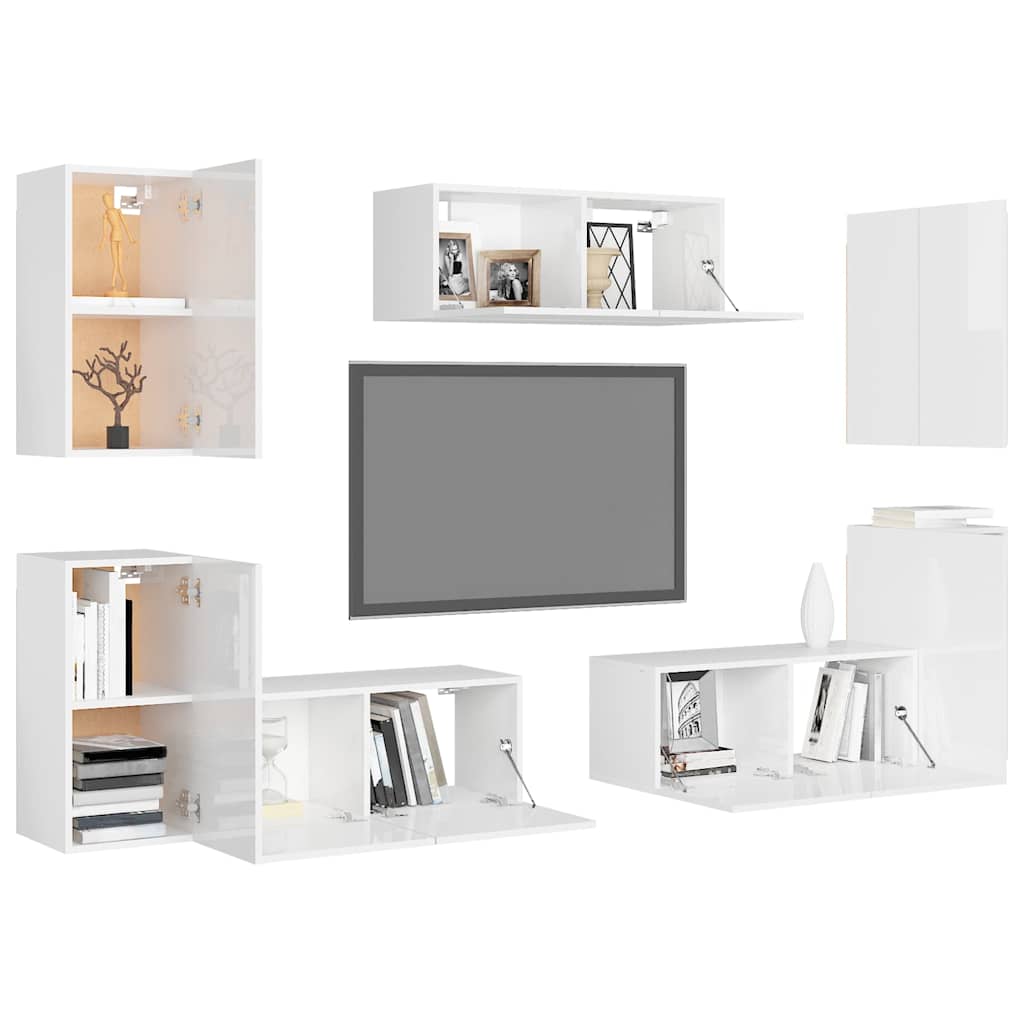 7 Piece TV Cabinet Set High Gloss White Engineered Wood