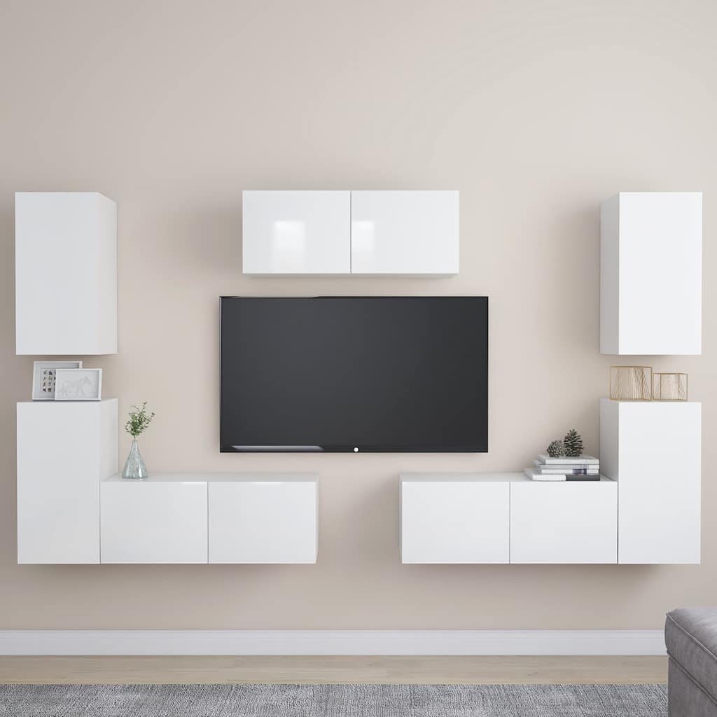 7 Piece TV Cabinet Set High Gloss White Engineered Wood