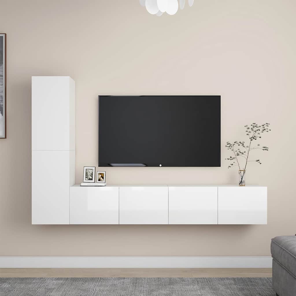 4 Piece TV Cabinet Set High Gloss White Engineered Wood