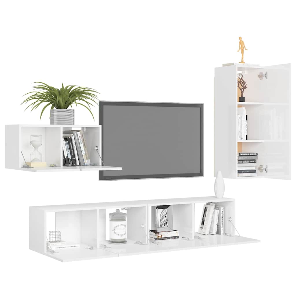 4 Piece TV Cabinet Set High Gloss White Engineered Wood