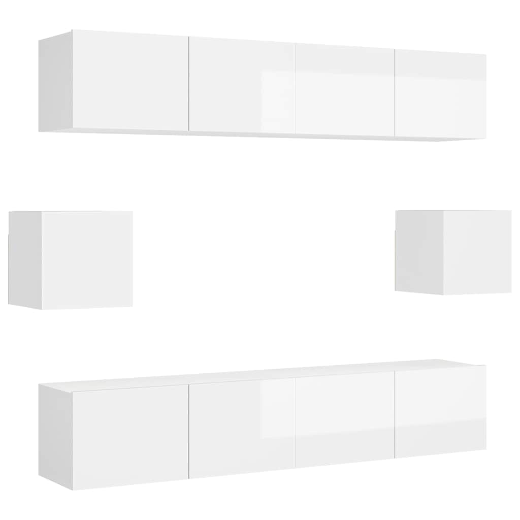 6 Piece TV Cabinet Set High Gloss White Engineered Wood