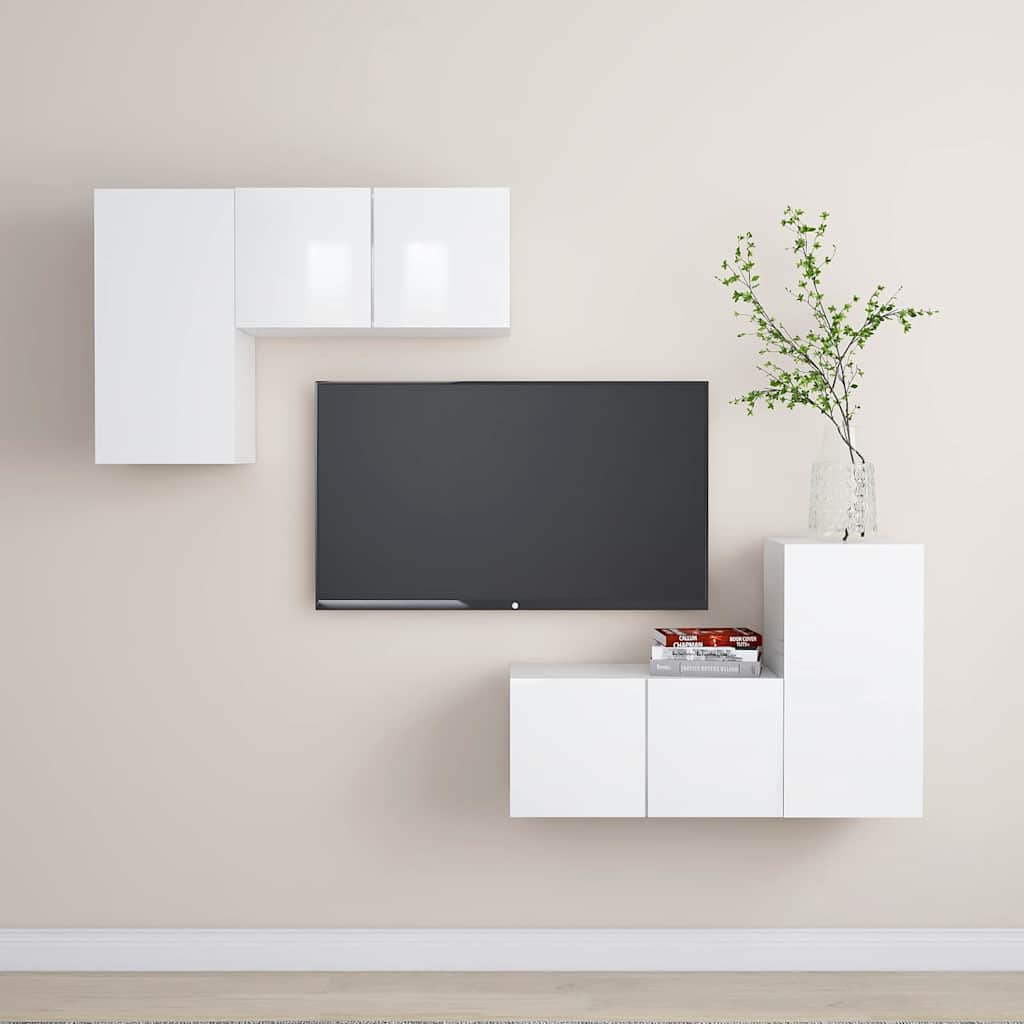 4 Piece TV Cabinet Set High Gloss White Engineered Wood