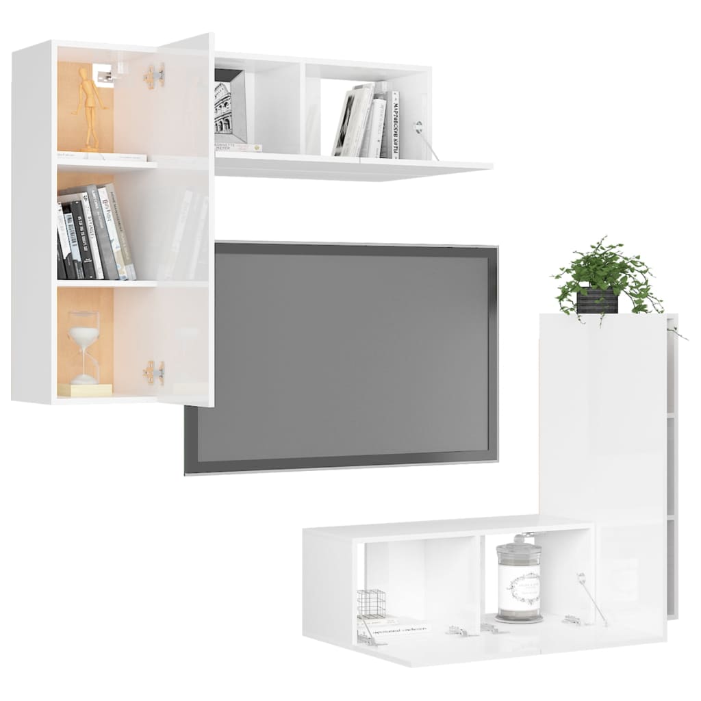 4 Piece TV Cabinet Set High Gloss White Engineered Wood
