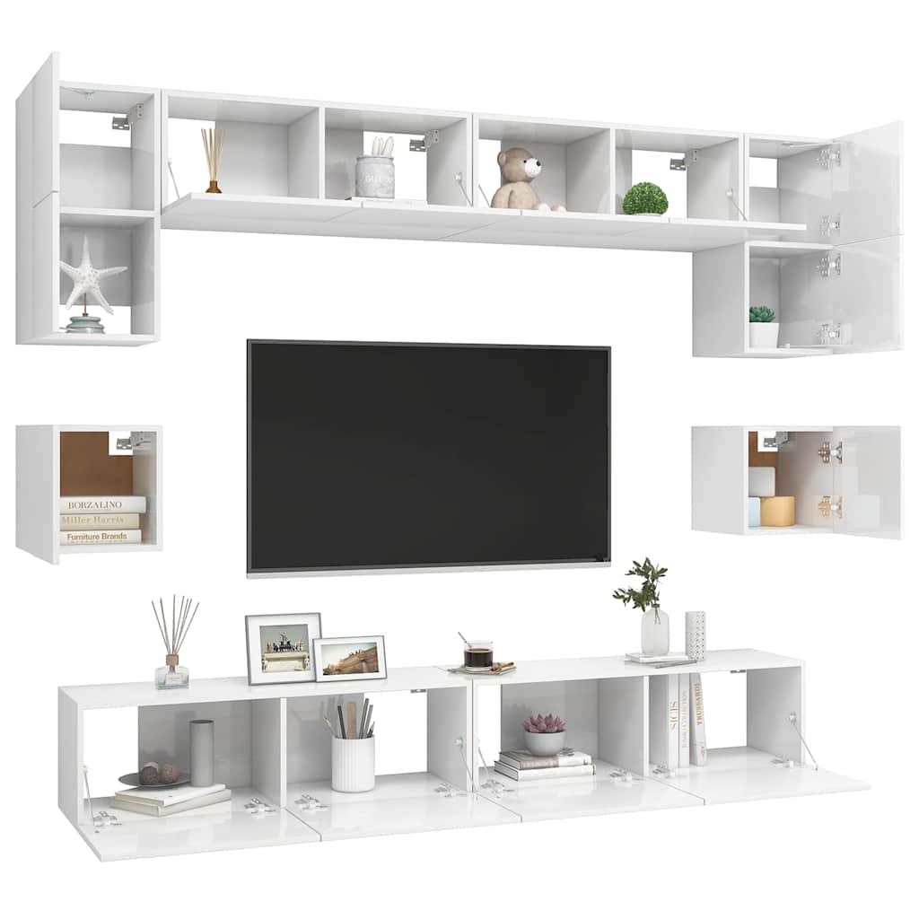 8 Piece TV Cabinet Set High Gloss White Engineered Wood