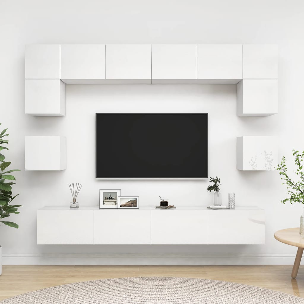 8 Piece TV Cabinet Set High Gloss White Engineered Wood