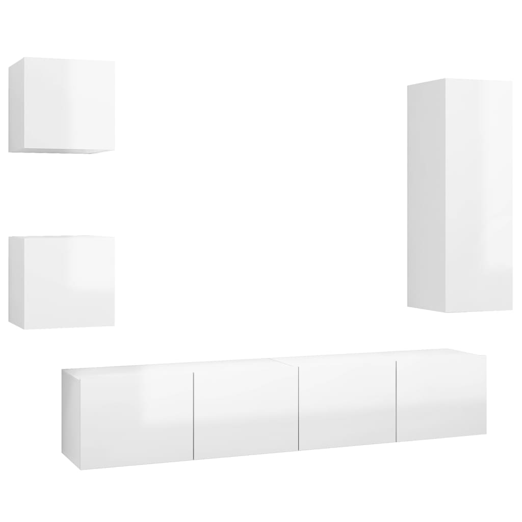 5 Piece TV Cabinet Set High Gloss White Engineered Wood
