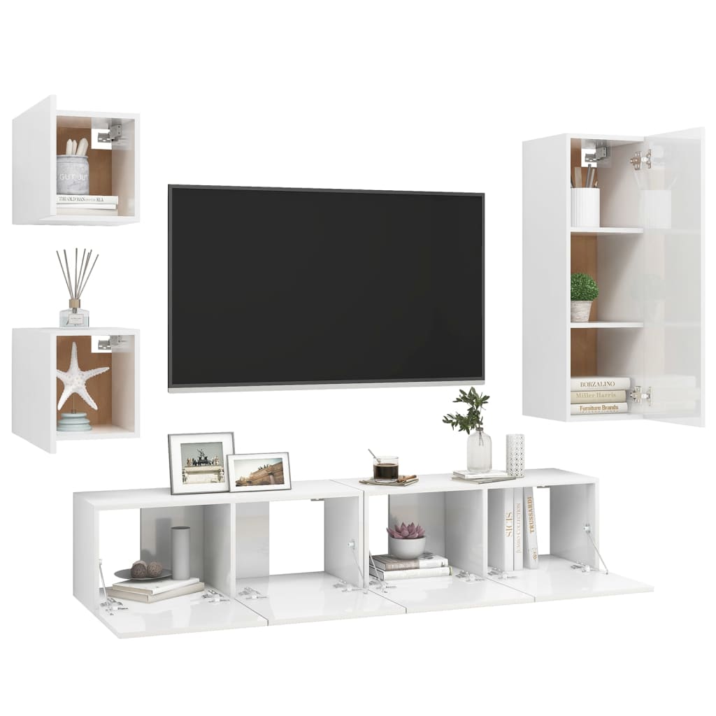 5 Piece TV Cabinet Set High Gloss White Engineered Wood