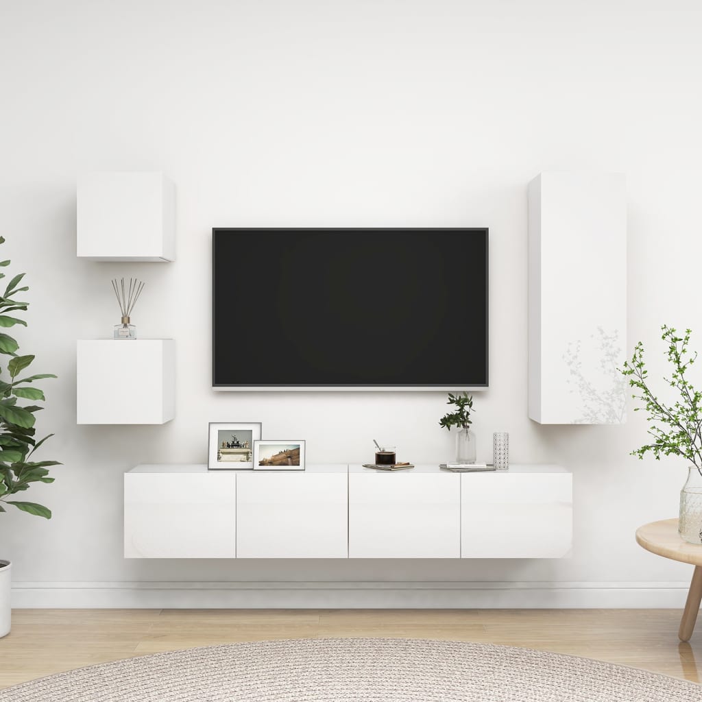 5 Piece TV Cabinet Set High Gloss White Engineered Wood