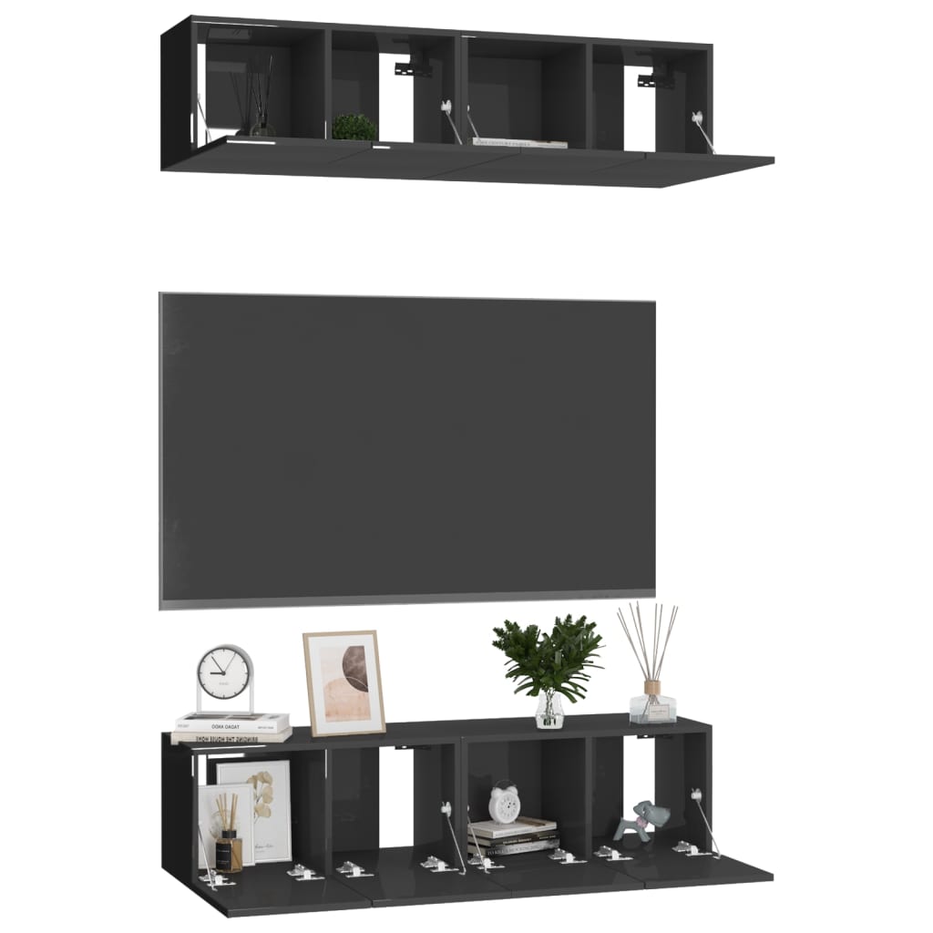 4 Piece TV Cabinet Set High Gloss Black 60x30x30 cm Engineered Wood