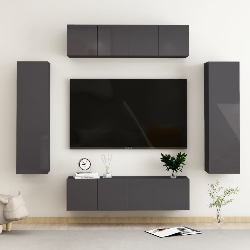 6 Piece TV Cabinet Set High Gloss Grey Engineered Wood