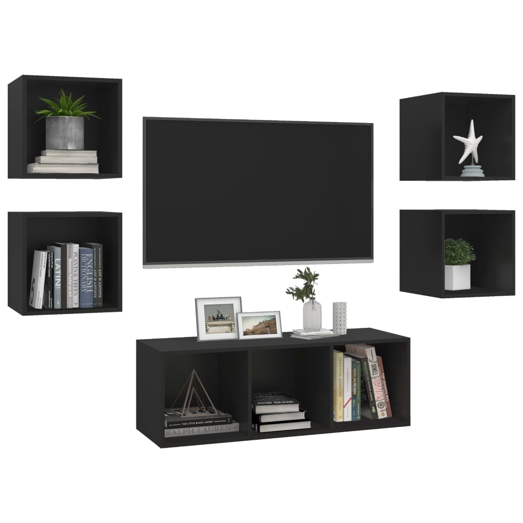5 Piece TV Cabinet Set Black Engineered Wood