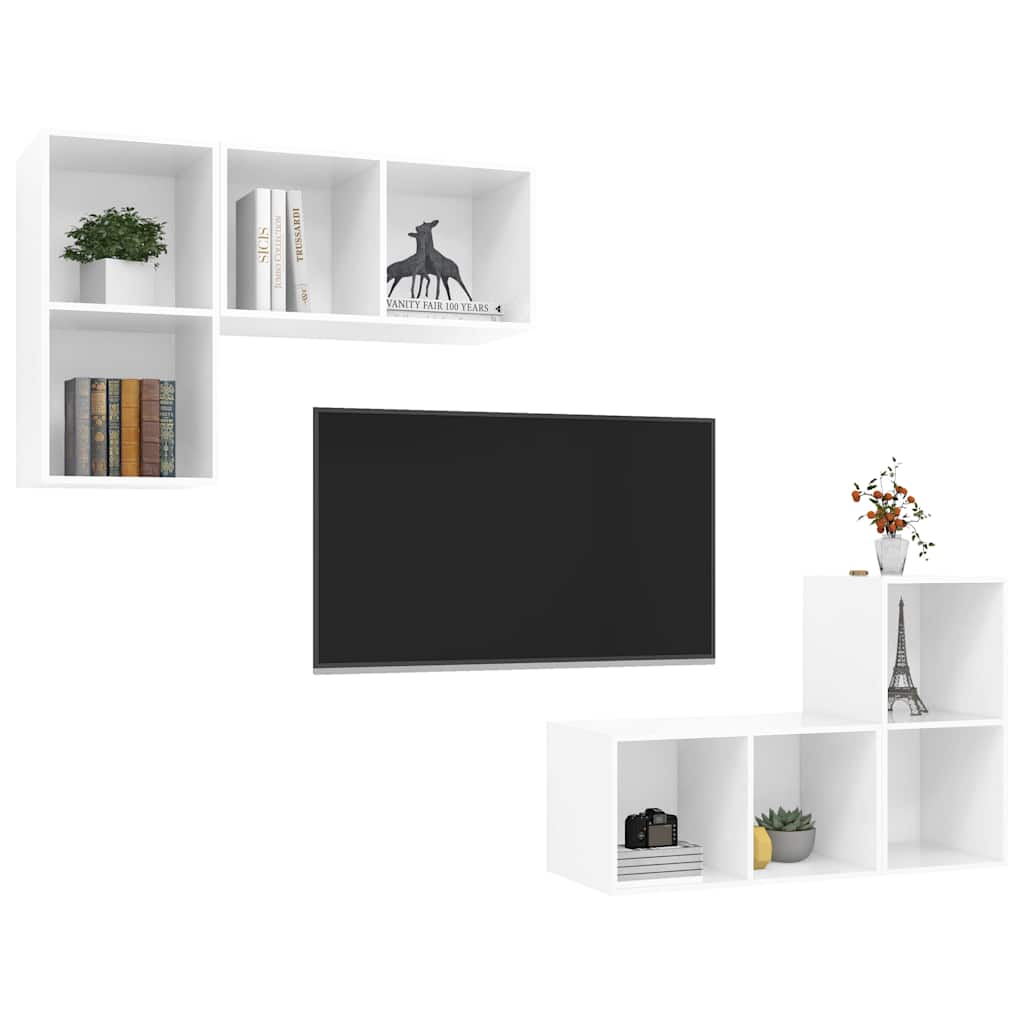 4 Piece Wall-mounted TV Cabinet Set High Gloss White Engineered Wood