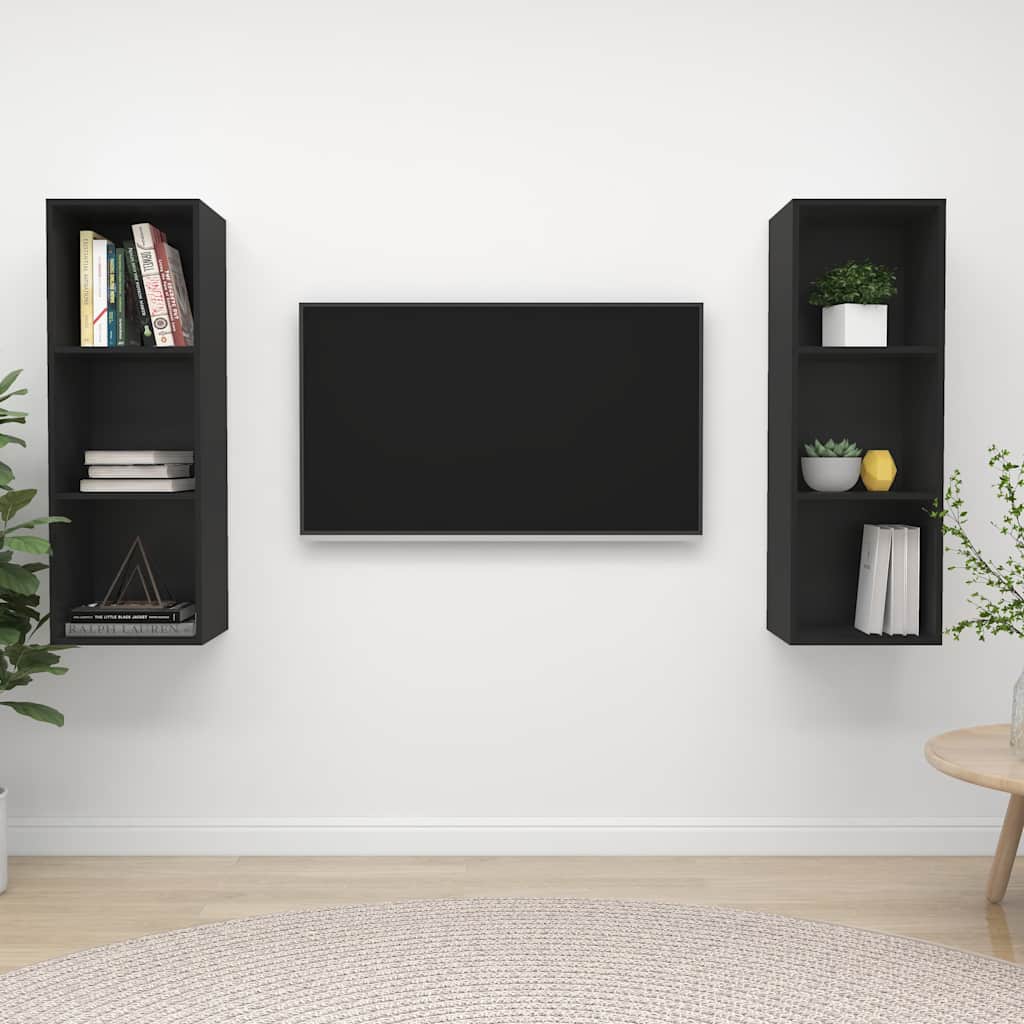2 Piece Wall-mounted TV Cabinet Set Black Engineered Wood