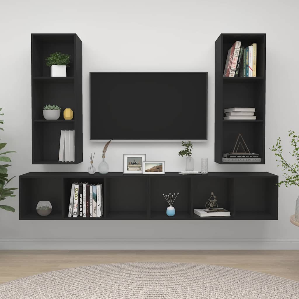 4 Piece Wall-mounted TV Cabinet Set Black Engineered Wood